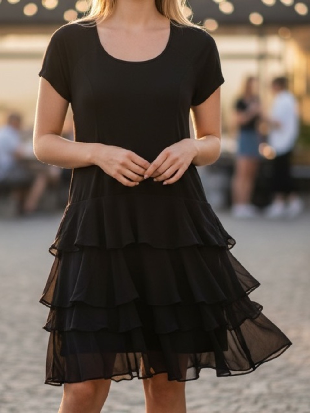 Tiered Ruffle Black Dress Flutter Sleeve George Simonton  Sz M Cocktail fairy